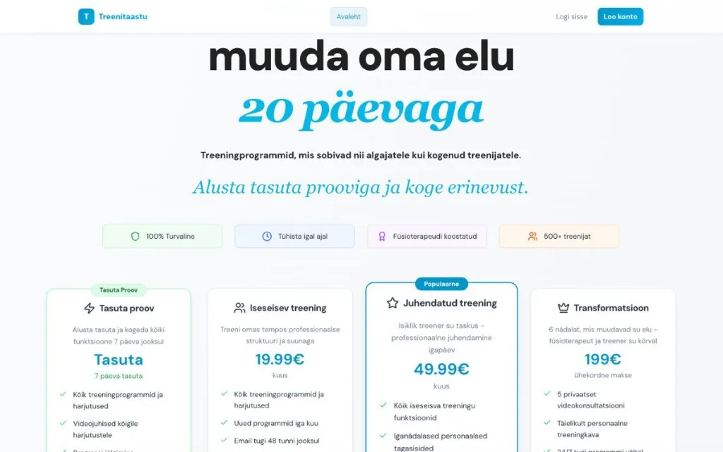 Treenitaastu.app kodulehe eelvaade
